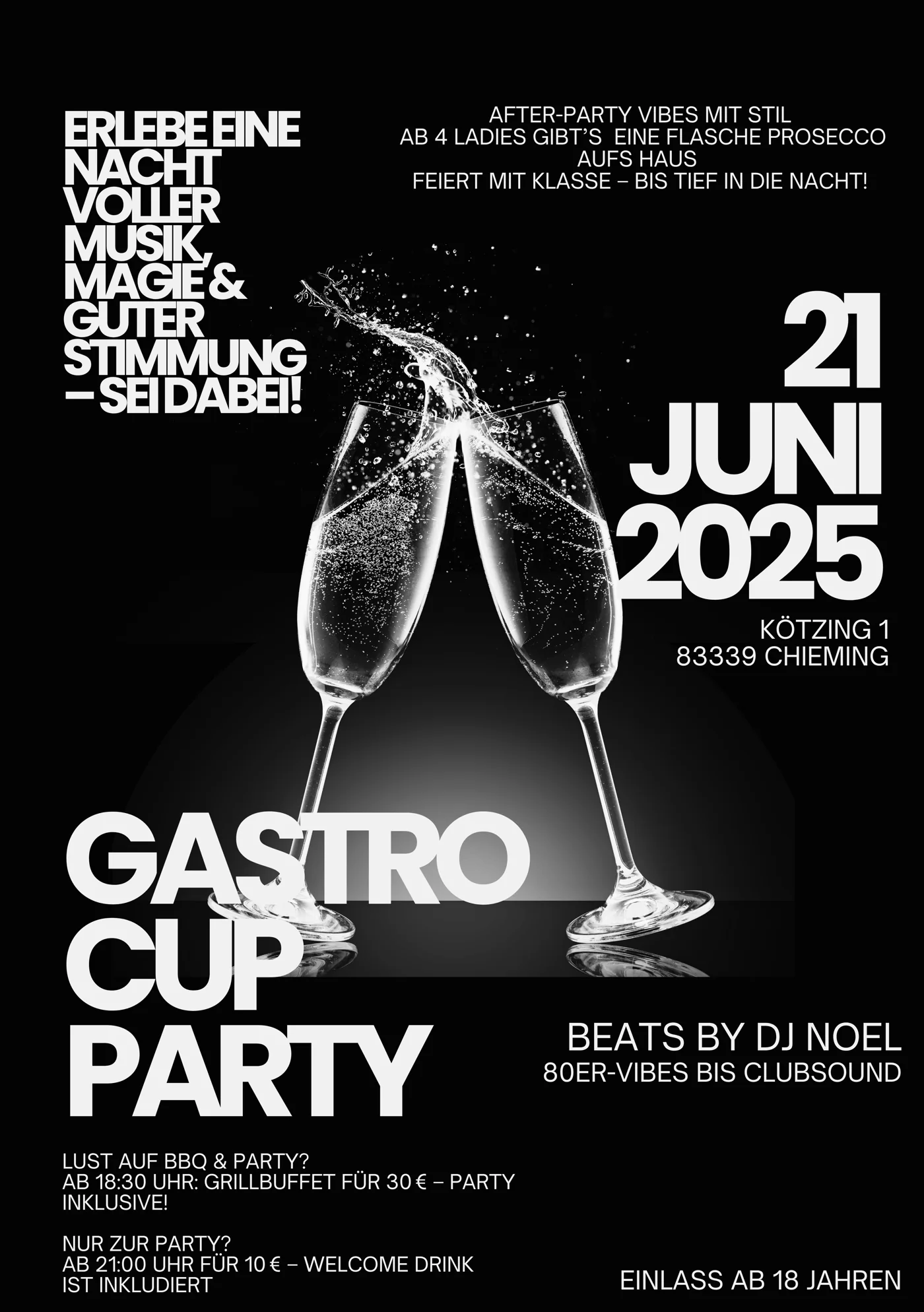 Schwarz-weißes Plakat Gastro Cup Party am 21. Juni 2025 in Chieming